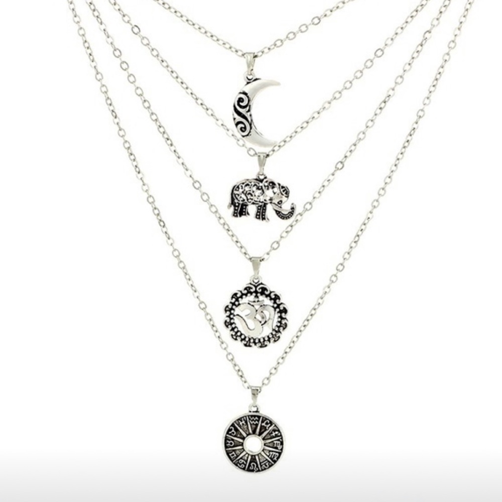 Elephant Moon Pendant Multi Layer Chain Necklace - image 4